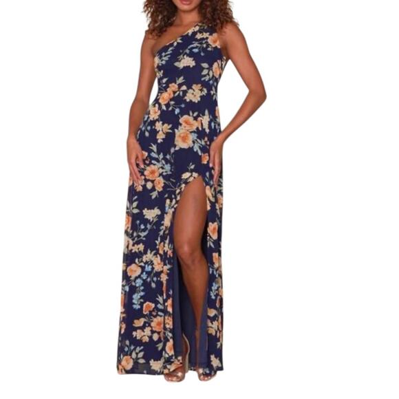 Lulus Dresses & Skirts - NEW BNWT Lulus Elegant Admiration Navy Floral One Shoulder Maxi Dress Sz Small